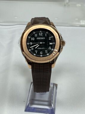 Luxury Automatic Watch Rose Gold Nautilus Style Black Dial NH35
